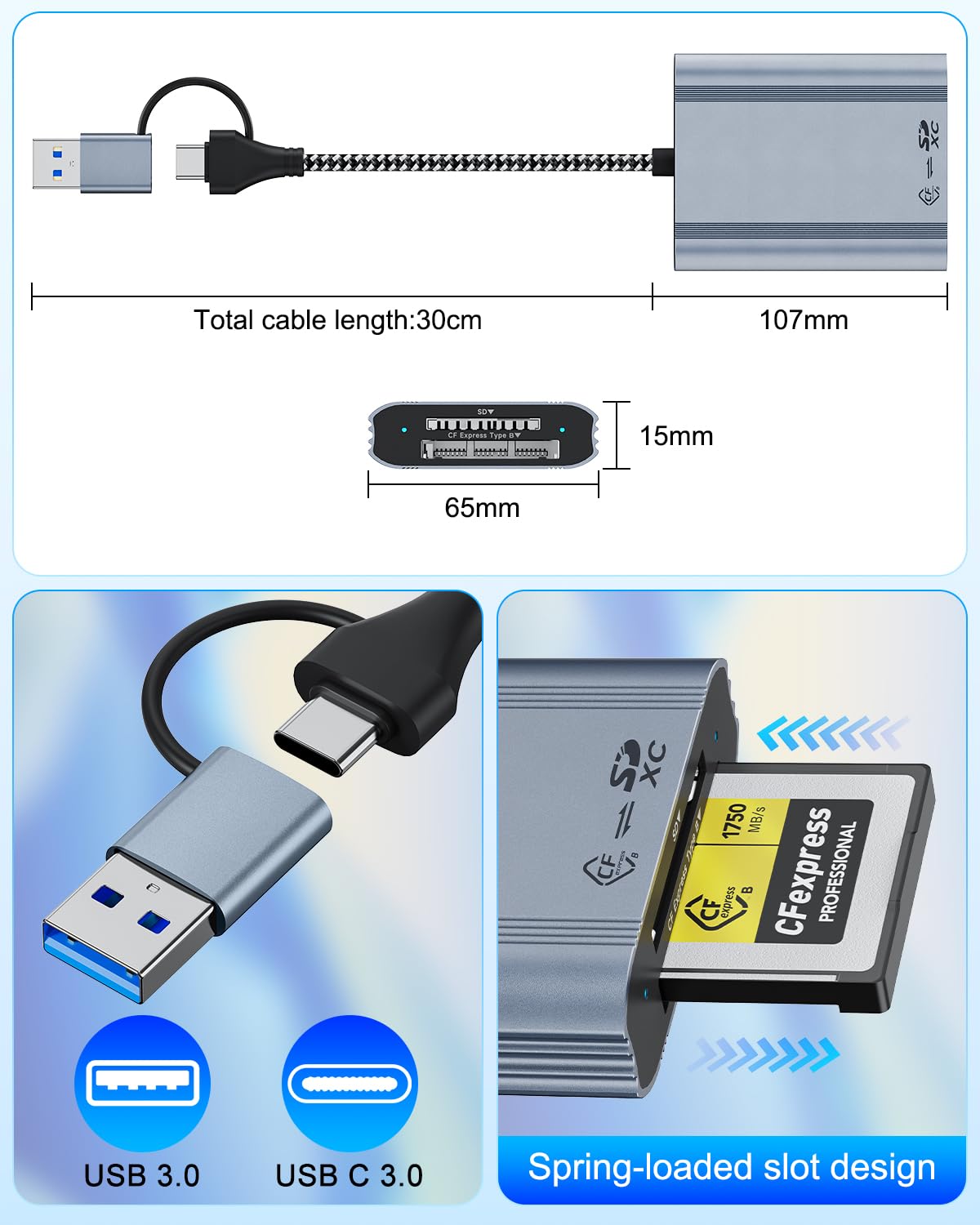 Lettore di schede CFexpress Type B & SD con USB 3.2 Gen 2 10Gbps, USB-C/USB-A 2-in-1,CF express reader compatibile con Windows/Mac/Linux/Android, per iPhone17/16/15, PC, tablet, smartphone