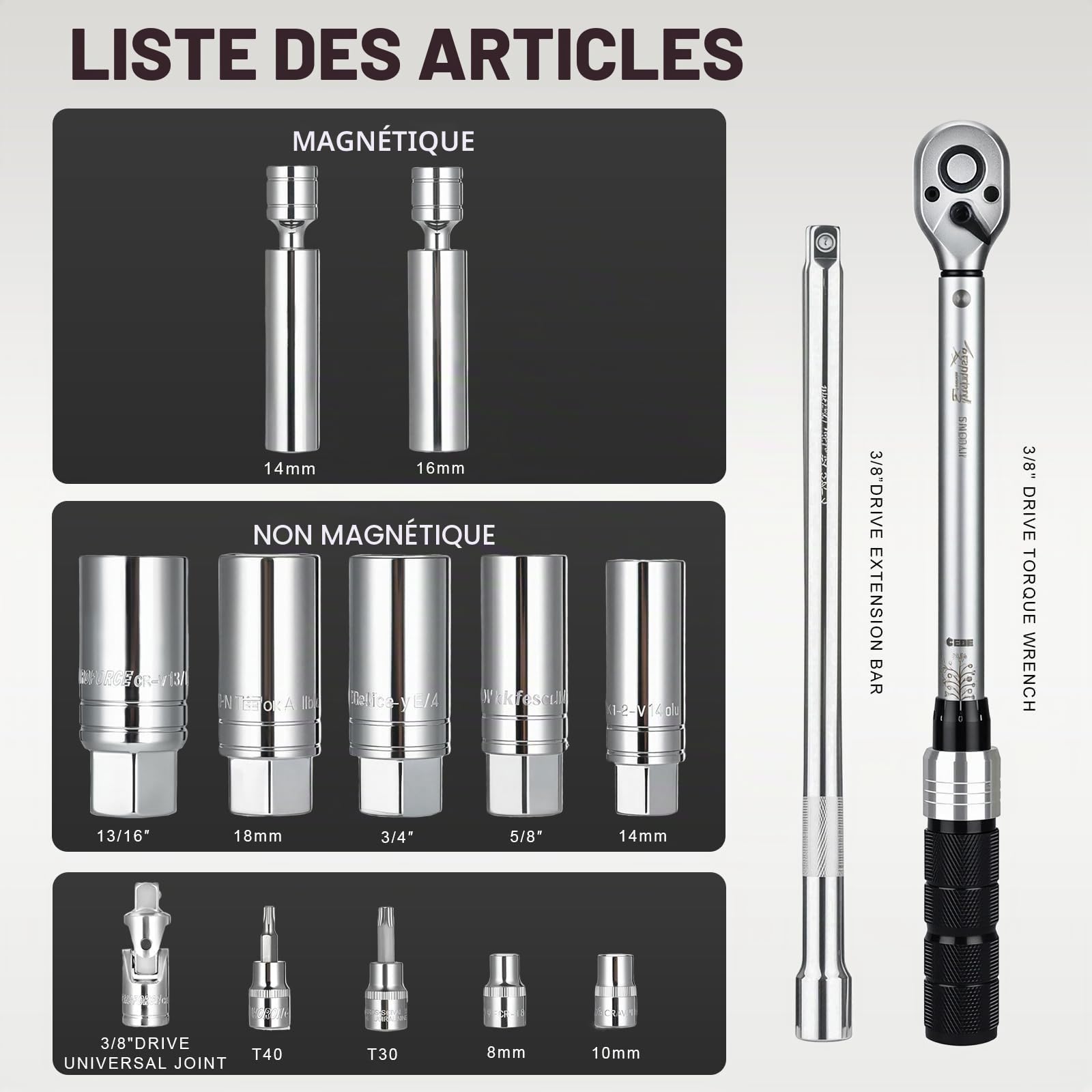AEROFORCE Lot de 14 Douilles à Bougie d'allumage avec clé dynamométrique en Acier CR-V 3/8" (6,8 à 61,2 Nm)