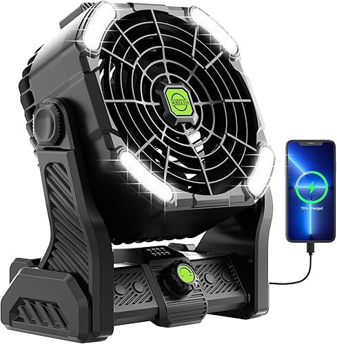 Ventilador portátil para campamento, ventilador portátil recargable para viajes, ventilador alimentado por batería con linterna LED, rotación de