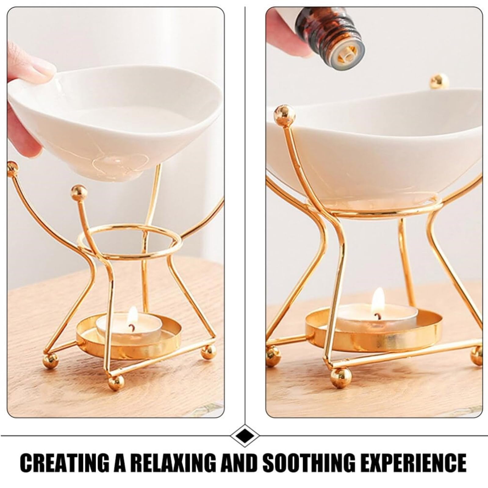 Aromatherapie-Brenner, Teelichthalter mit Beinen, Ständer for ruhige Wohnräume, Abnehmbarer Ölwärmer(Gold)