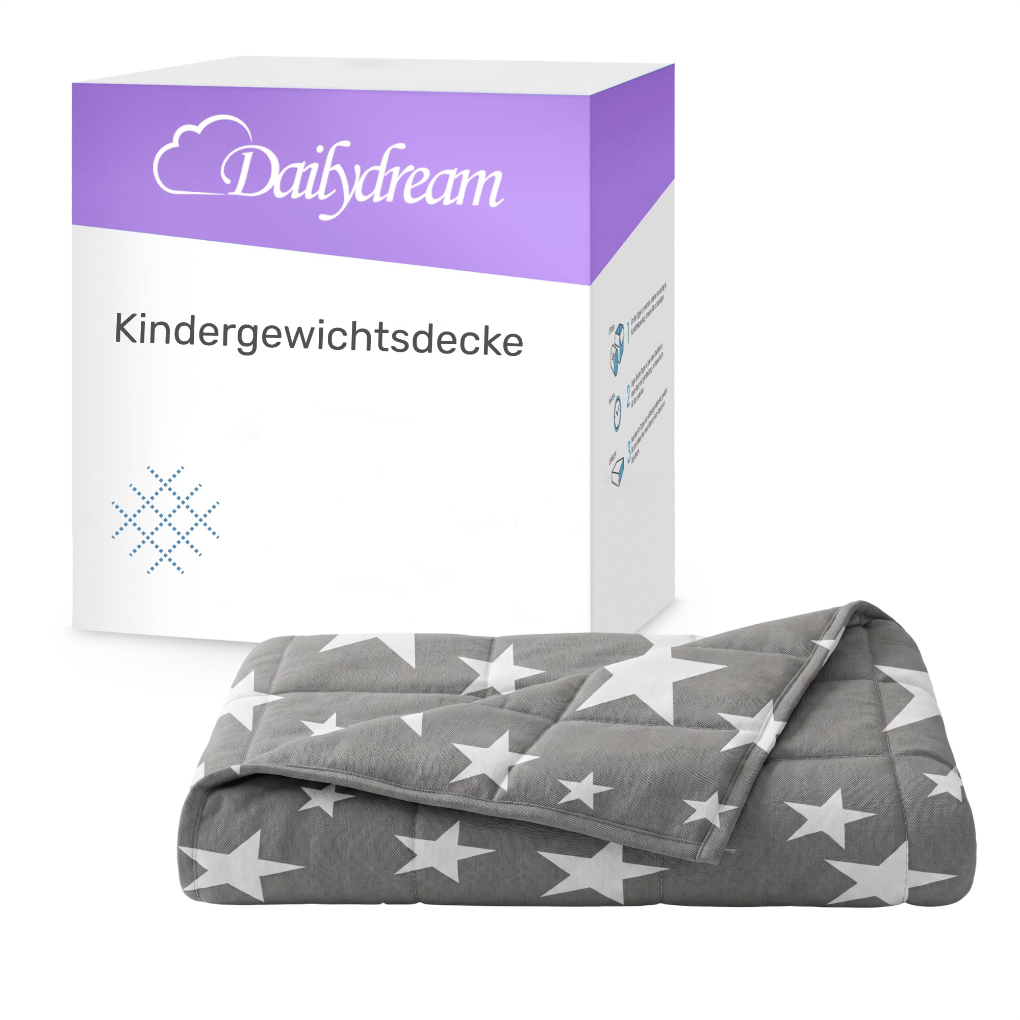 Dailydream Gewichtsdecke Kinder 90x120cm, 2,5 kg, Baumwolle, Motiv Sterne | Gewichtsdecke für Kinder mit atmungsaktiver Baumwoll-Außenschicht, Glasperlenfüllung und doppelt vernähten Kammern.