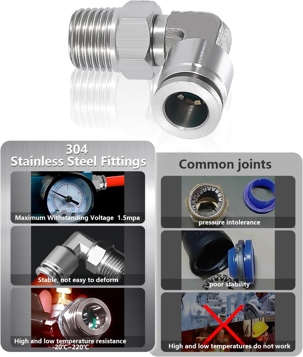 Eagles Push to Connect Air Fittings Elbow 6mm Tube OD x 1/4" NPT Male 90° Degree Adapter 304 Stainless Steel Male Elbow Air Union Fitting, Air Line Fittings Push Connectors, 2 Pack, PL6-02