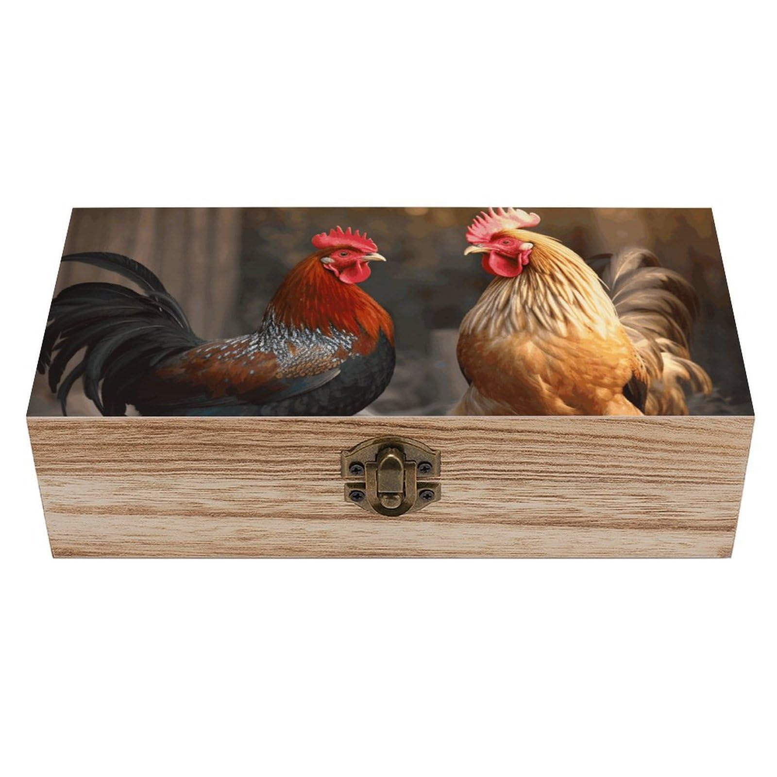 LZQPOEAS Rooster And Chicken Wooden Storage Box Small Decorative Box with Hinged Lid Handmade Elegant Keepsake Storage Box for Jewelry, Photos, Trinkets, Letter Gifts, Small Heirlooms