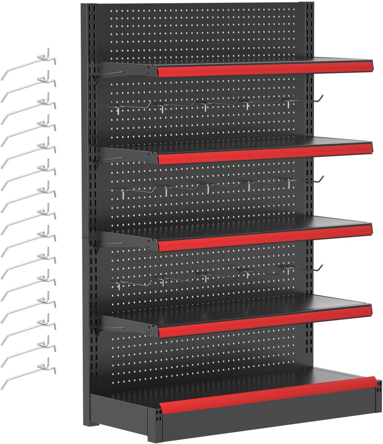 Retail Gondola Shelving Unit 5 Tier with 15 Hooks, Heavy Duty Adjustable Store Display Shelf, Metal Retail Display Rack for Grocery, Convenience Store, Liquor Shop Fixture(LxWxH 36x17x53in)