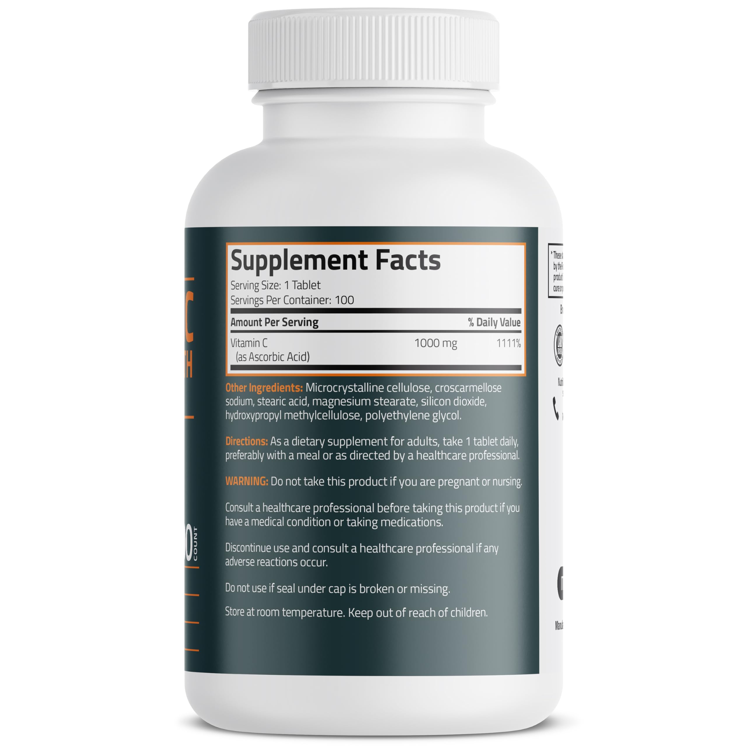 Bronson Vitamin C 1000 mg as Ascorbic Acid, 100 Vegetarian Tablets — Amazon image 2