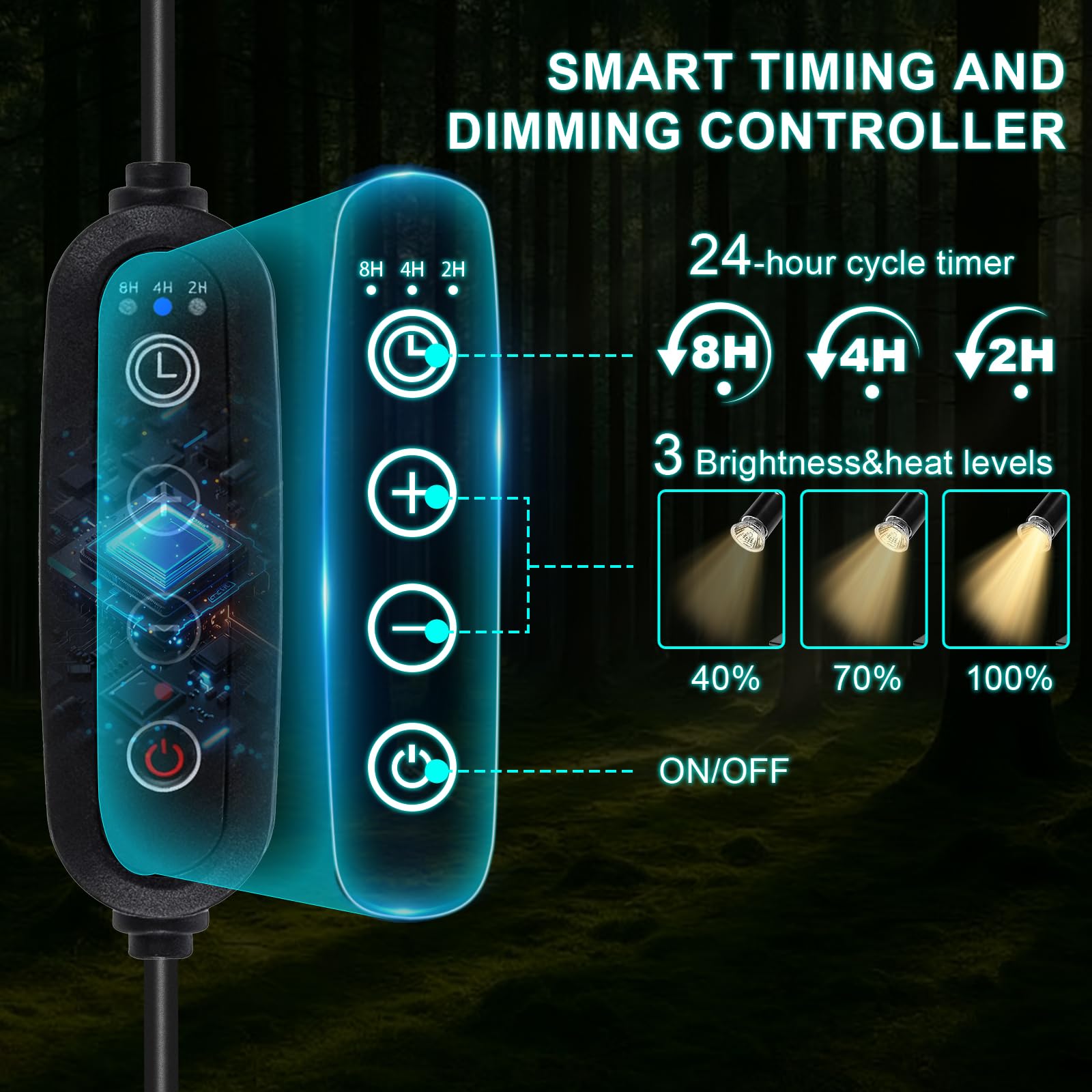 Reptile Heat Lamp Turtle Light - Long Lasting Ceramic Socket Basking Lamp with Auto Timer & Dimmer, 2 E27 Bulbs (25W & 50W) with UVB Support & Test Card for Turtles, Tortoises, Bearded Dragons, Geckos - image 3
