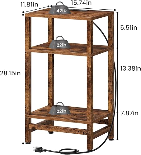Miniatura 3 de Mesita de noche alta de 3 niveles con estación de carga rápida, mesitas de noche pequeñas para espacios pequeños, mesa auxiliar delgada con puerto
