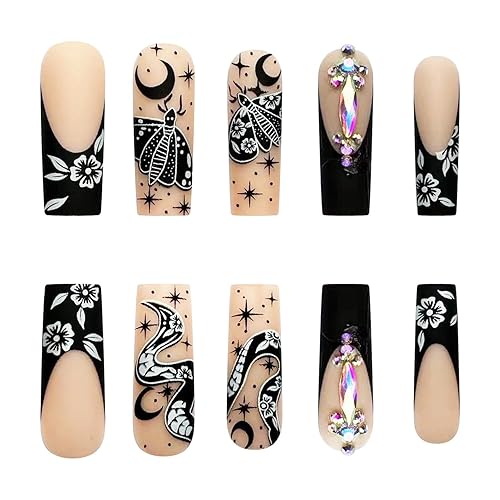 Miniatura 5 de 24 uñas postizas a presión con punta francesa, uñas postizas largas tipo ataúd, serpiente, patrones de polilla y estrella, luna, diseño de diamantes