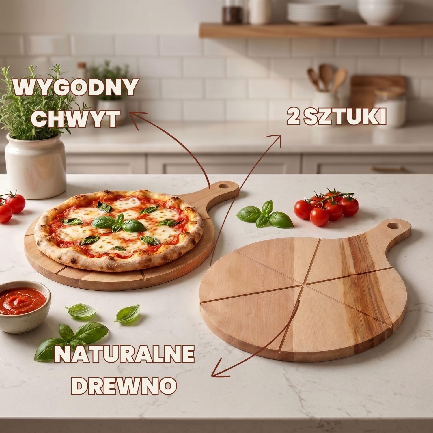 2 drewniane talerze do pizzy z litego drewna bukowego z uchwytami 33 cm | 33 cm, Lite drewno, Wygodne serwowanie, Zestaw 2 sztuk, Idealne do kuchni i ogrodu, Praktyczne uchwyty