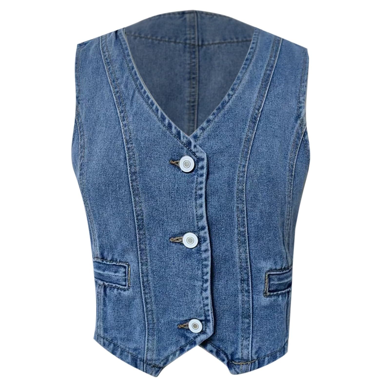 Gilet en Jean pour Femme Blouson sans Manches en Denim à Col en V Veste Boutonné Décontractée Vintage