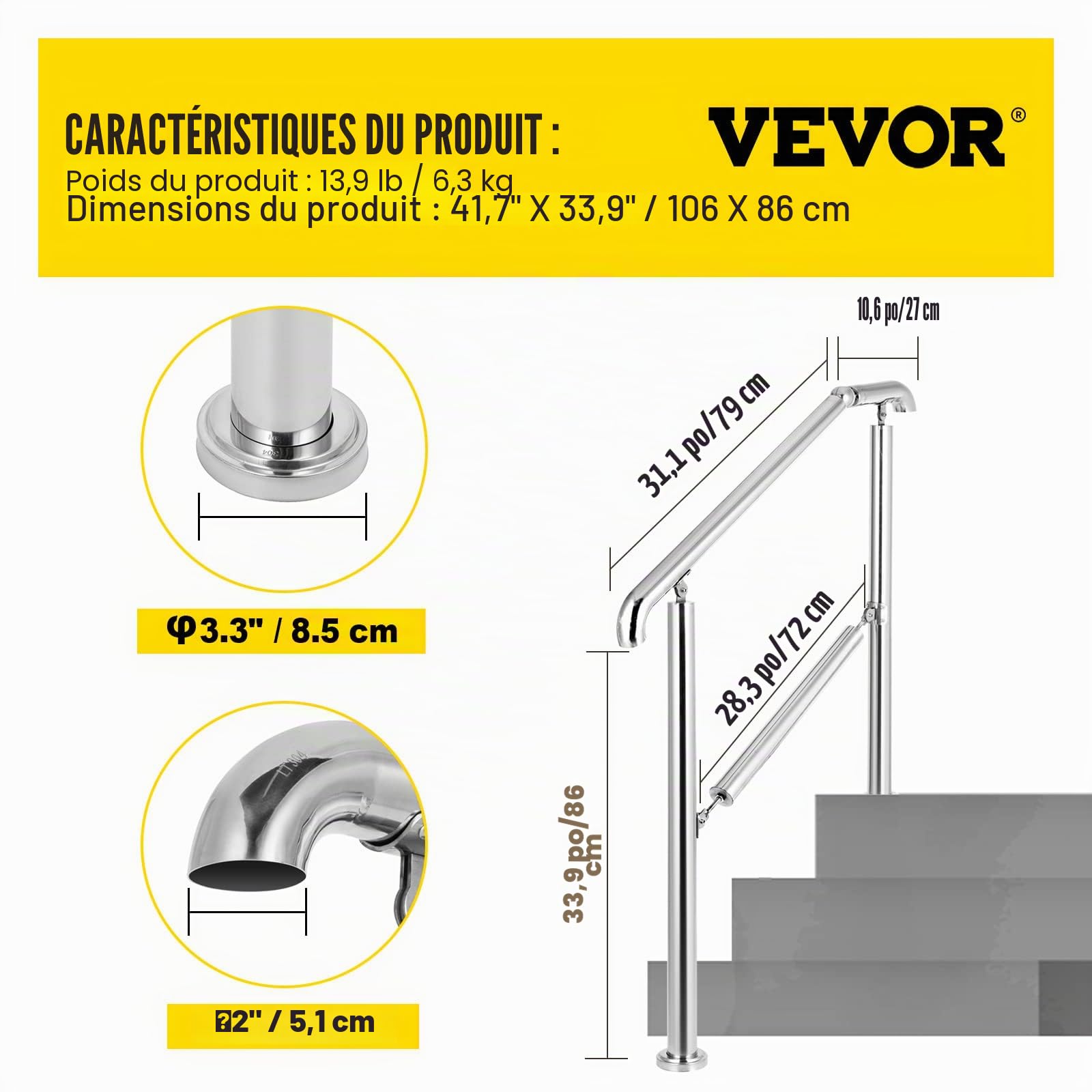Happybuy Rampe de transition à 3 marches en acier inoxydable pour surface plane et 1 à 3 marches réglables pour escalier intérieur ou extérieur Capacité 100 kg Avec kit d'installation