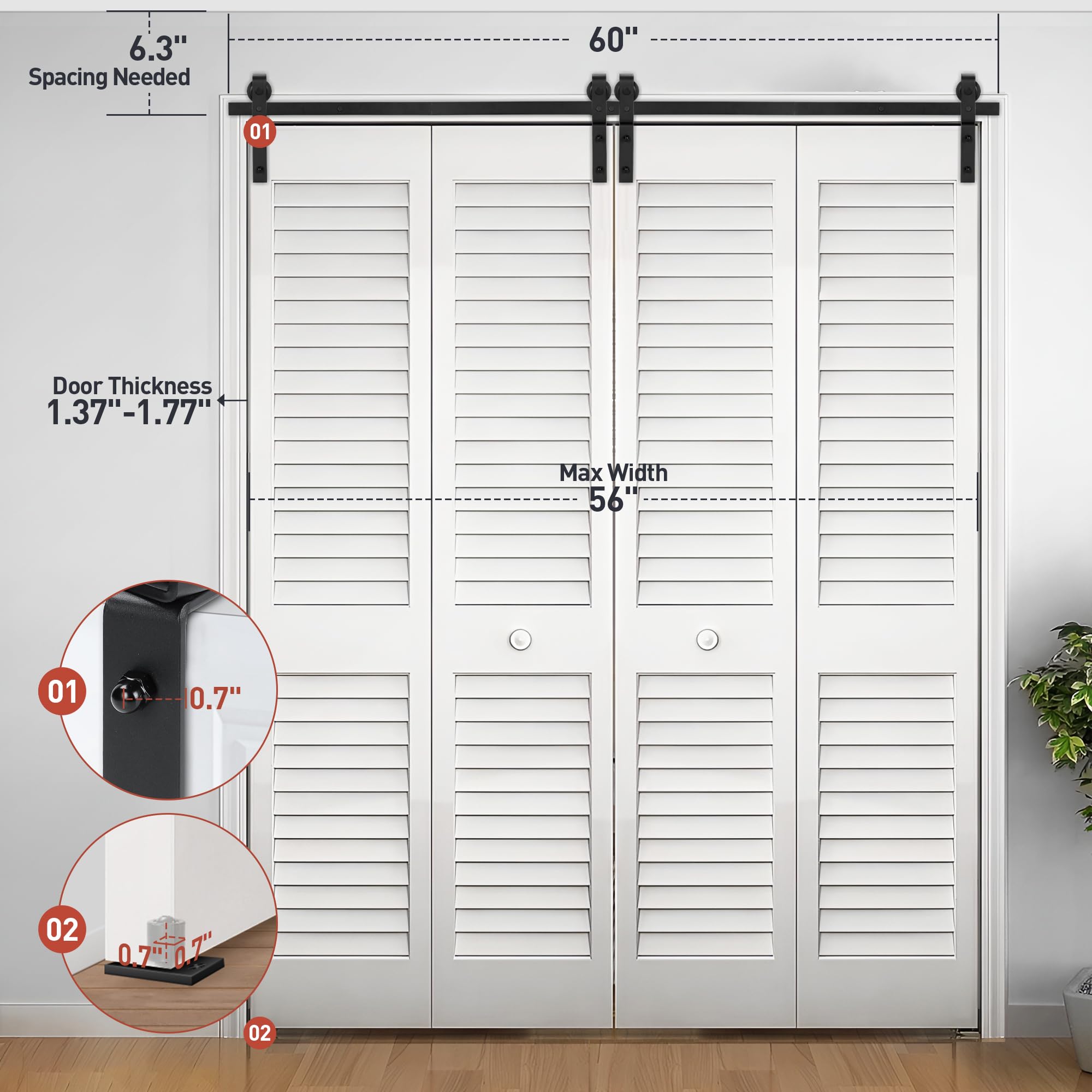 Rengue 60� Bifold Sliding Barn Door Hardware Kit - Heavy Duty Closet Door Track Set for 4 Doors, Easy to Install, J Shape Roller Smooth & Quiet (Doors Not Included)