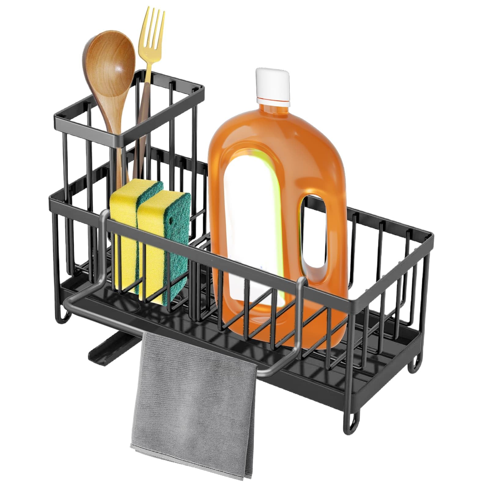 Weeloo Black Sink Caddy Organiser, Sponge Rack With Chopstick Holder And Detachable Hanging Rod For Kitchen Organizer Sink Cleaning Countertop With Drainage Pipe, Drainage Countertop Cleaning Storage Rack