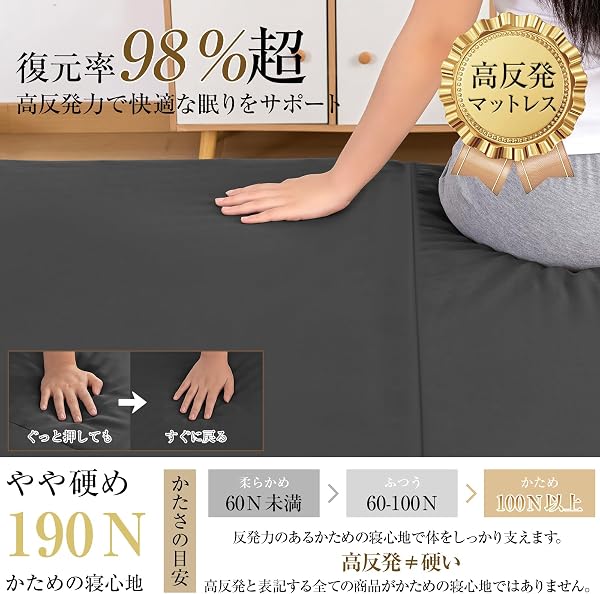 Softimeマットレス シングル 三つ折り 高反発 極厚10cm おりたたみマットレス 凸凹加工 体圧分散 消臭炭加工 ベットマット 程良い硬さ 190N 高密度 敷布団 抗菌防臭 洗えるカバー 通気性がよい オールシーズン対応 97x195x10cm アイボリーブラック F1 - 3