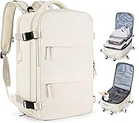 Vista 40 de Mochila de viaje grande, bolsa de mano, aprobada para aviones, para artículos personales, para hombre o mujer, color beige con marrón