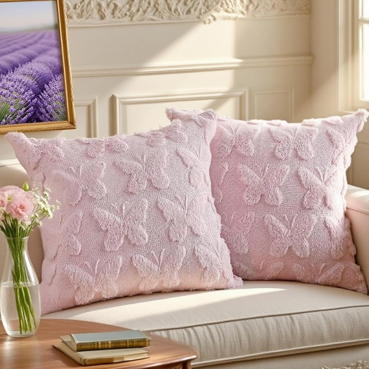 HunnmingRe Set of 2 Pink Butterfly Pillow Covers Fluffy Faux Fur 18x18 Inch