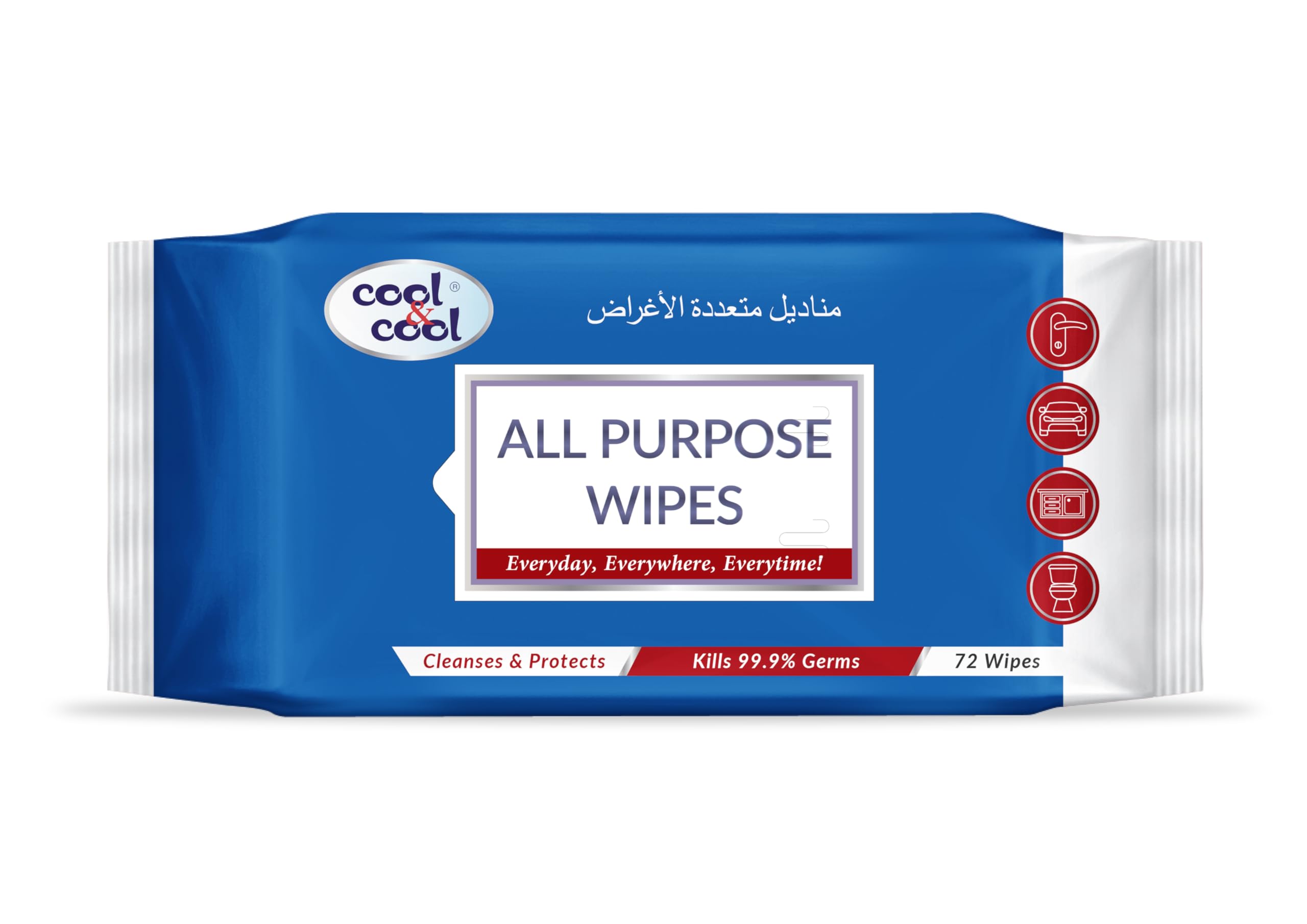Cool & CoolAll Purpose Wipes 72's - Cleanses & Protects,Kills 99.9% Germs, Disinfectant, Stain Removal & Travel Friendly