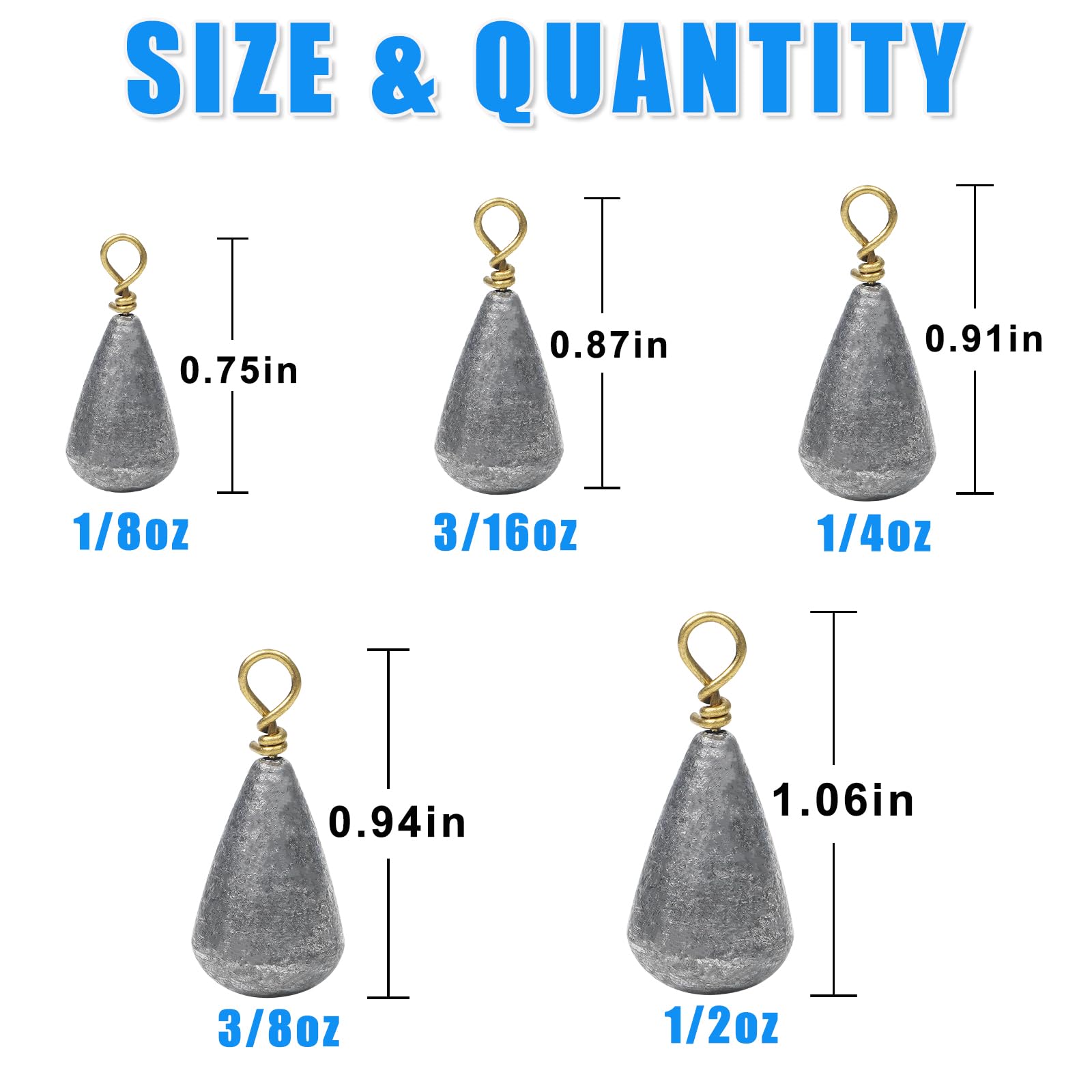 Fishing Weights Sinkers, 25pcs Bass Casting Sinker Weights Bell Sinkers Drop Shot Weights with Brass Swivels Catfish Weights Sinkers for Saltwater Freshwater Assorted Sizes (1/4oz-25pcs)