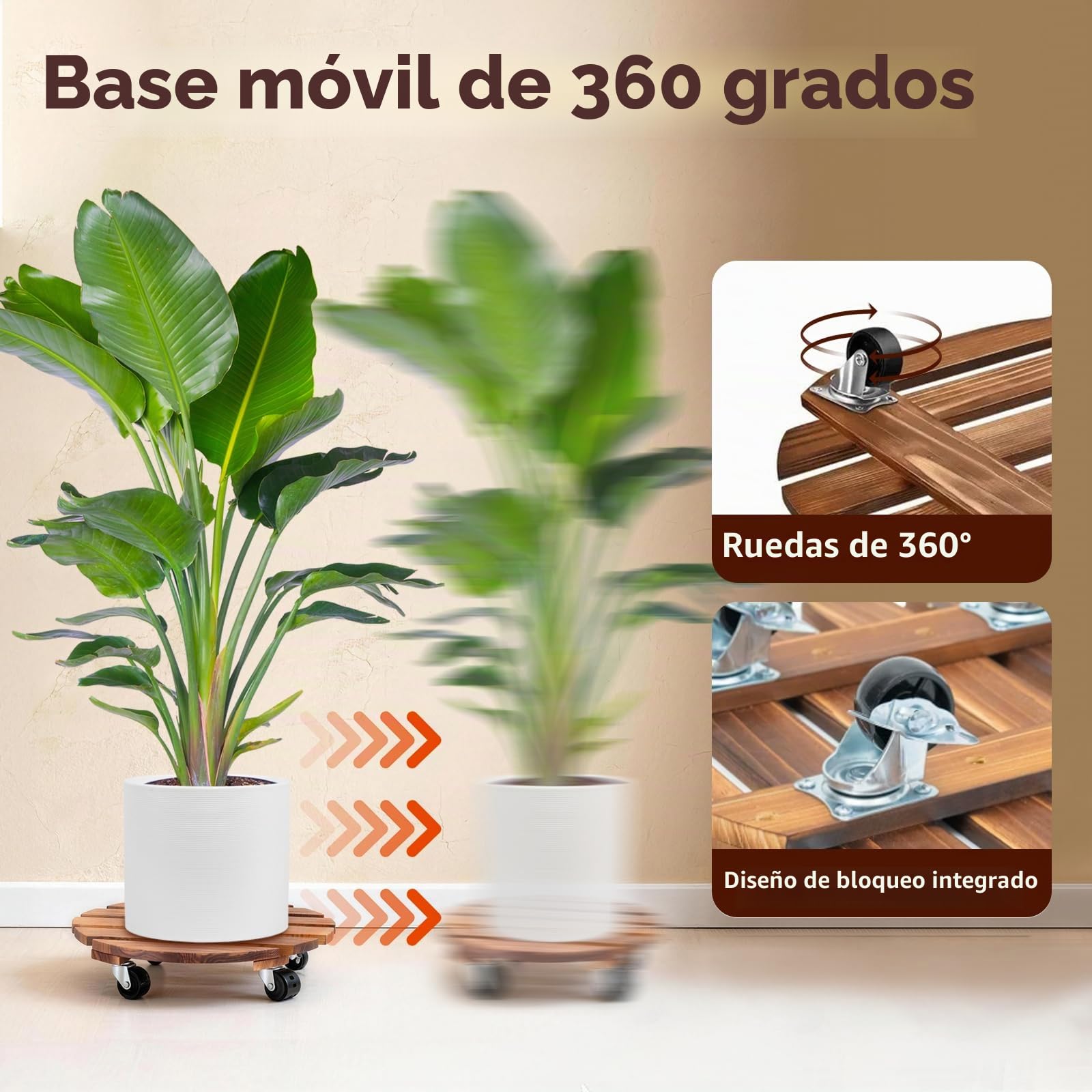 Juego de 2 Soportes para Plantas con Ruedas, Base Redonda de Madera de 30.5 cm, con Ruedas giratorias y bloqueables, Plantas Base Carretilla para Plantas, Interior Exterior Jardín Maceta