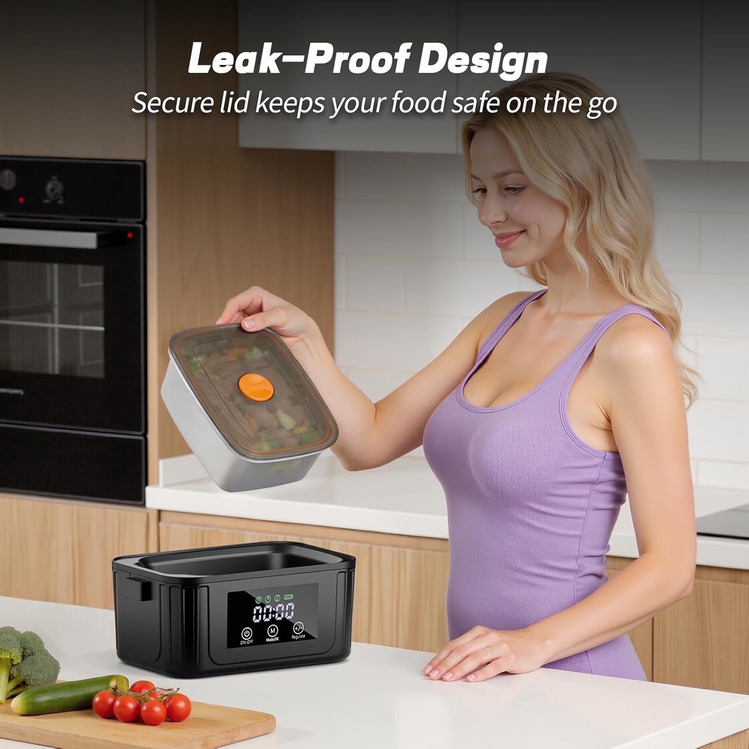 Heated Lunch Box, 6.3-Cup Cordless Electric Lunch Box for Adults, Battery Powered Food Warmer with Scheduled Heating Timer and Removable Ice Pack, Portable for Work, Office, and Outdoor (Black)