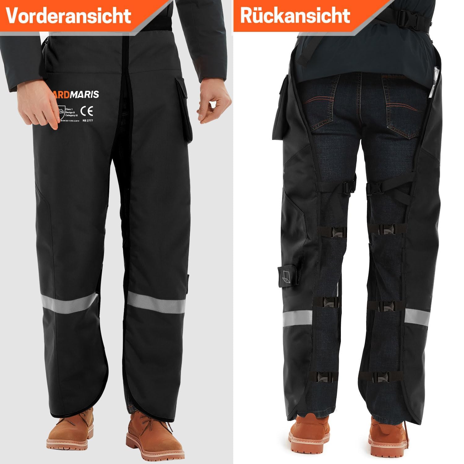 Pantalones anti-corte para motosierra con cinturón ajustable y bandas reflectantes 3M - Certificado UL (Negro)