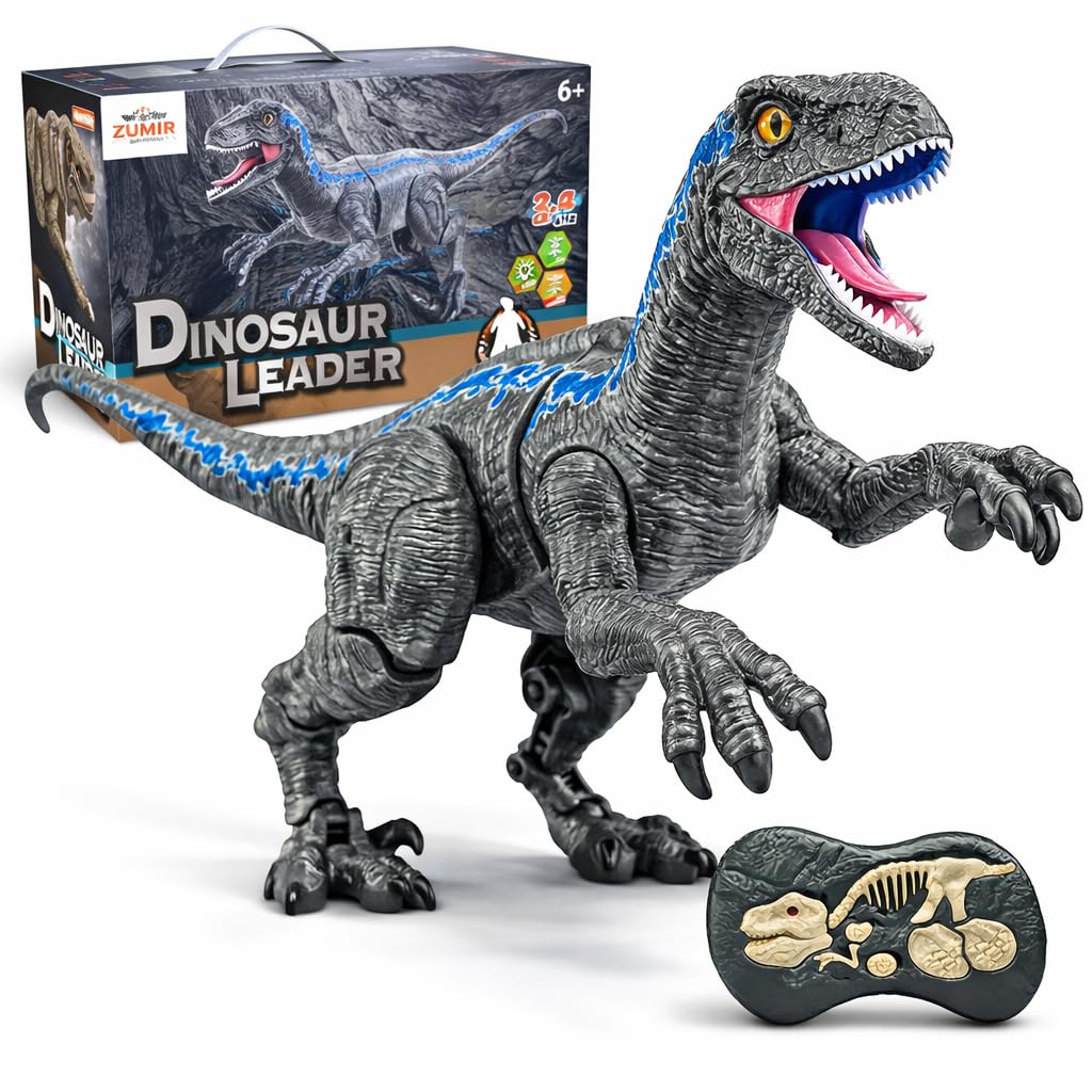 Remote Control Dinosaur Toy for Kids – RC Velociraptor Robot Dinosaur, Walking Robotic Dino with Lights & Roaring Sound, 2.4GHz Electronic Pet Dino Toy with Fossil Remote for Boys & Girls