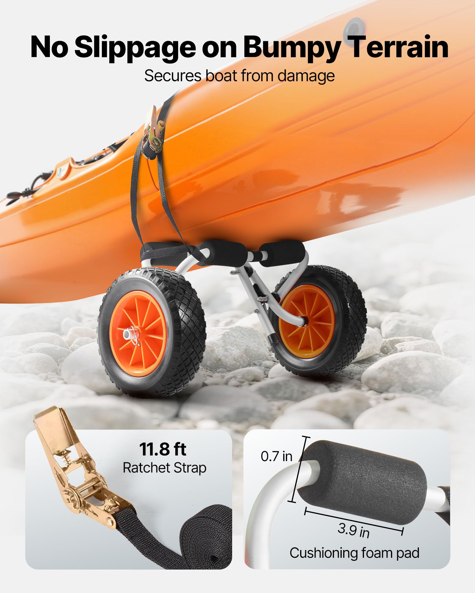 VEVOR Kajakwagen, 90 kg, Faltbarer Kanuwagen mit 25,4 cm Vollgummireifen & 1 Ratschengurt, Bootswagen zum Transportieren von Kajaks, Kanus, Paddleboards, Jon-Booten, 620x350x325 mm