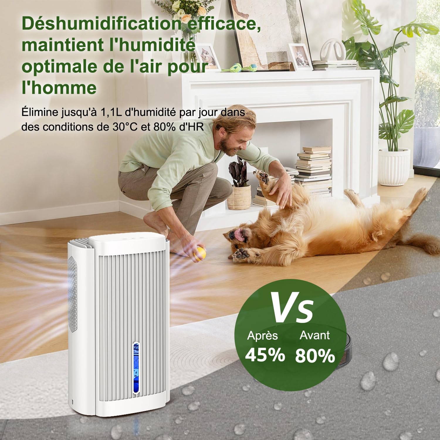 Déshumidificateur d'Air 2,5 L Ultra Silencieux (<28 dB), Déshumidificateur Électrique avec Mode Sommeil, Arrêt Automatique, Lumière LED, pour Chambre, Salle de Bain, Bureau et Maison