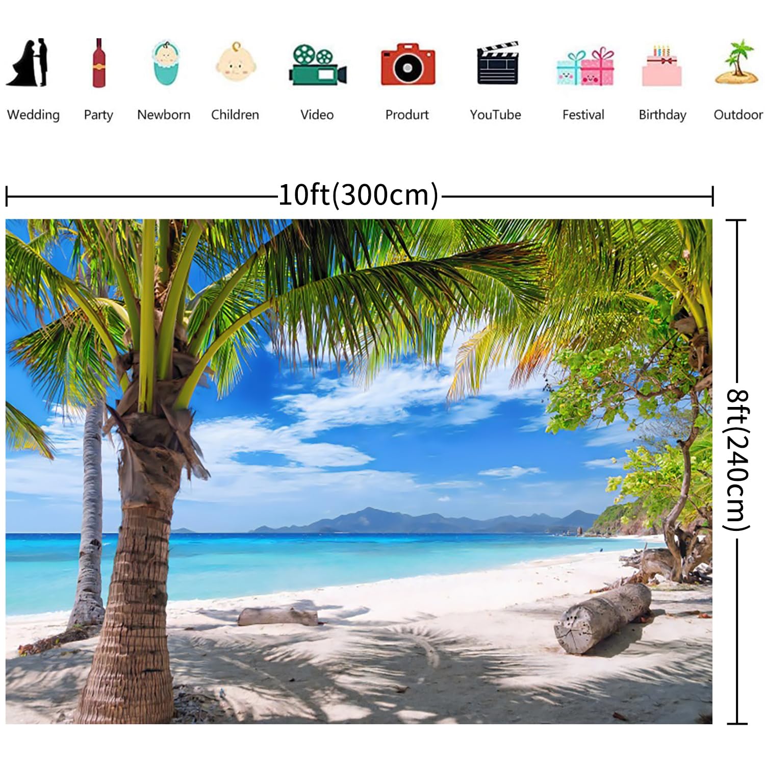 3x2.4m Fotohintergrund Strand Sommer Tropische Palmen Seaside Island Blau Meer Himmel Fotografie Hintergrund Hochzeit Baby Shower Geburtstag Luau Party Dekorationen Photo Booth Requisiten
