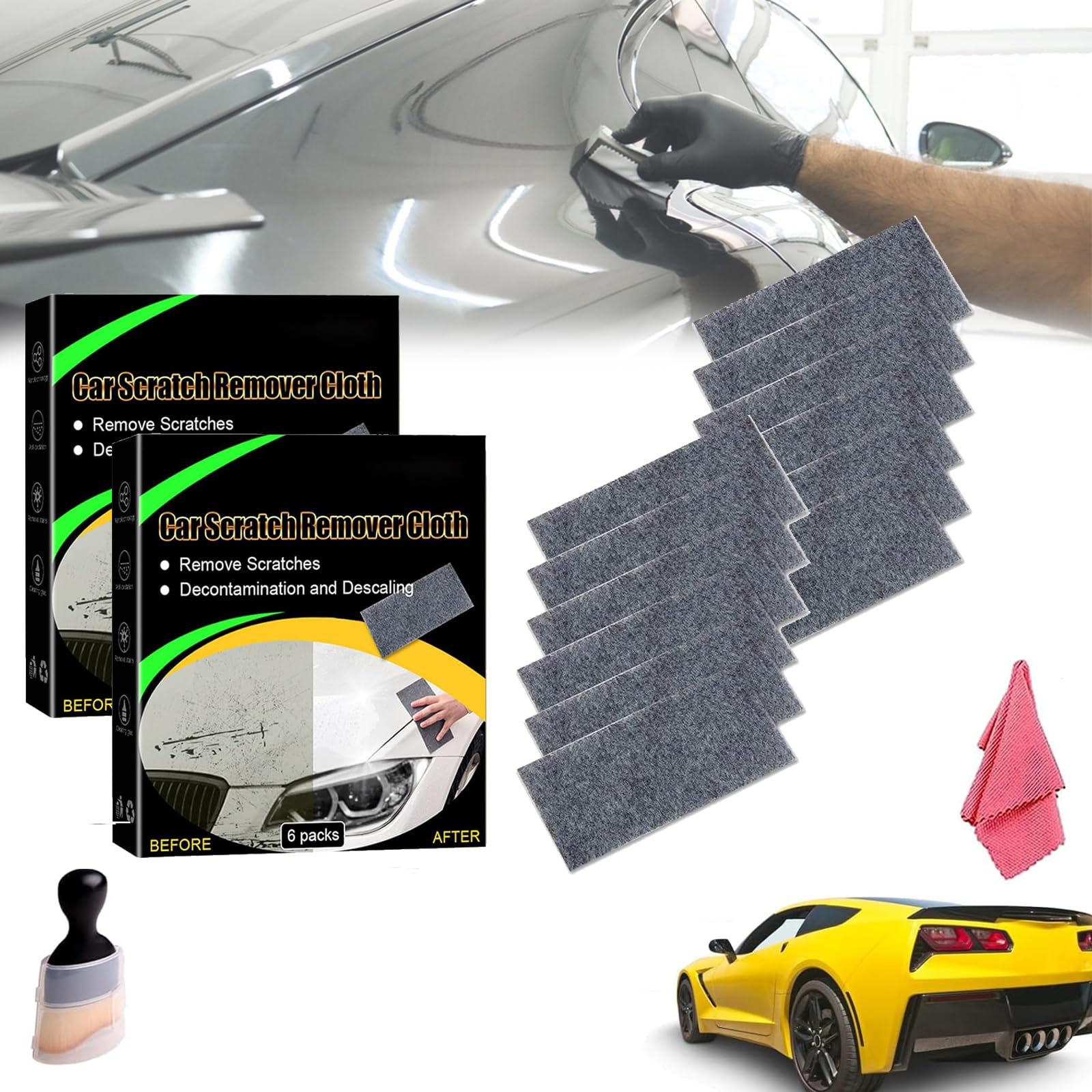 Nano Sparkle Cloth Car Scratch Remover - Nano Sparkle Car Cloth for Scratches, Breathe Green Nano Sparkle Cloth with Interior Cleaning Brush, Easily Repair Scratches, Paint Residues (12PCS)