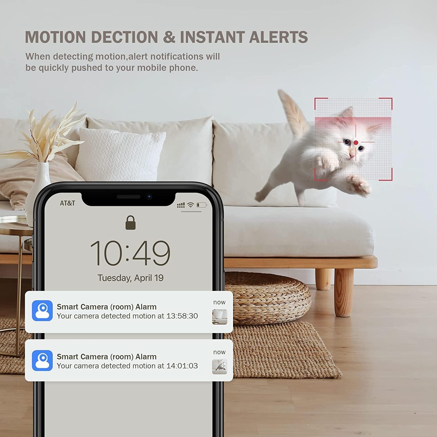 Smartphone screen displaying motion detection alerts from the camera, with a cat in the background.