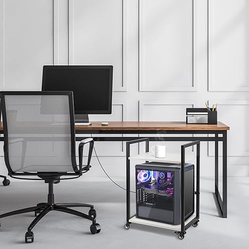 Miniatura 5 de YIERYA Soporte de impresora mejorado, soporte de torre para computadora, carrito de impresora de 2 niveles debajo del escritorio con almacenamiento,