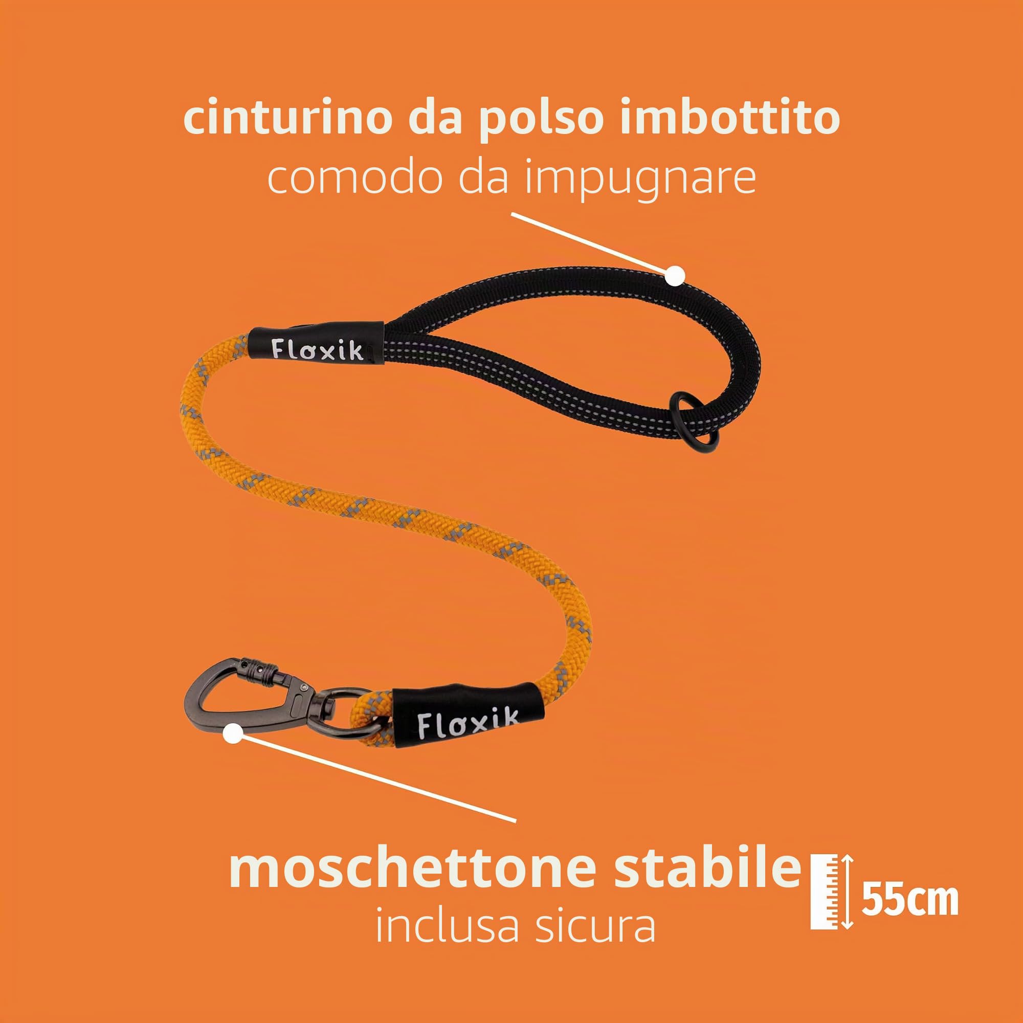 Floxik Lonza per cani | 5 m, 10 m, 15 m, 20 m arancione | guinzaglio a corda riflettente con maniglia rimovibile | ideale anche come guinzaglio da addestramento per cuccioli