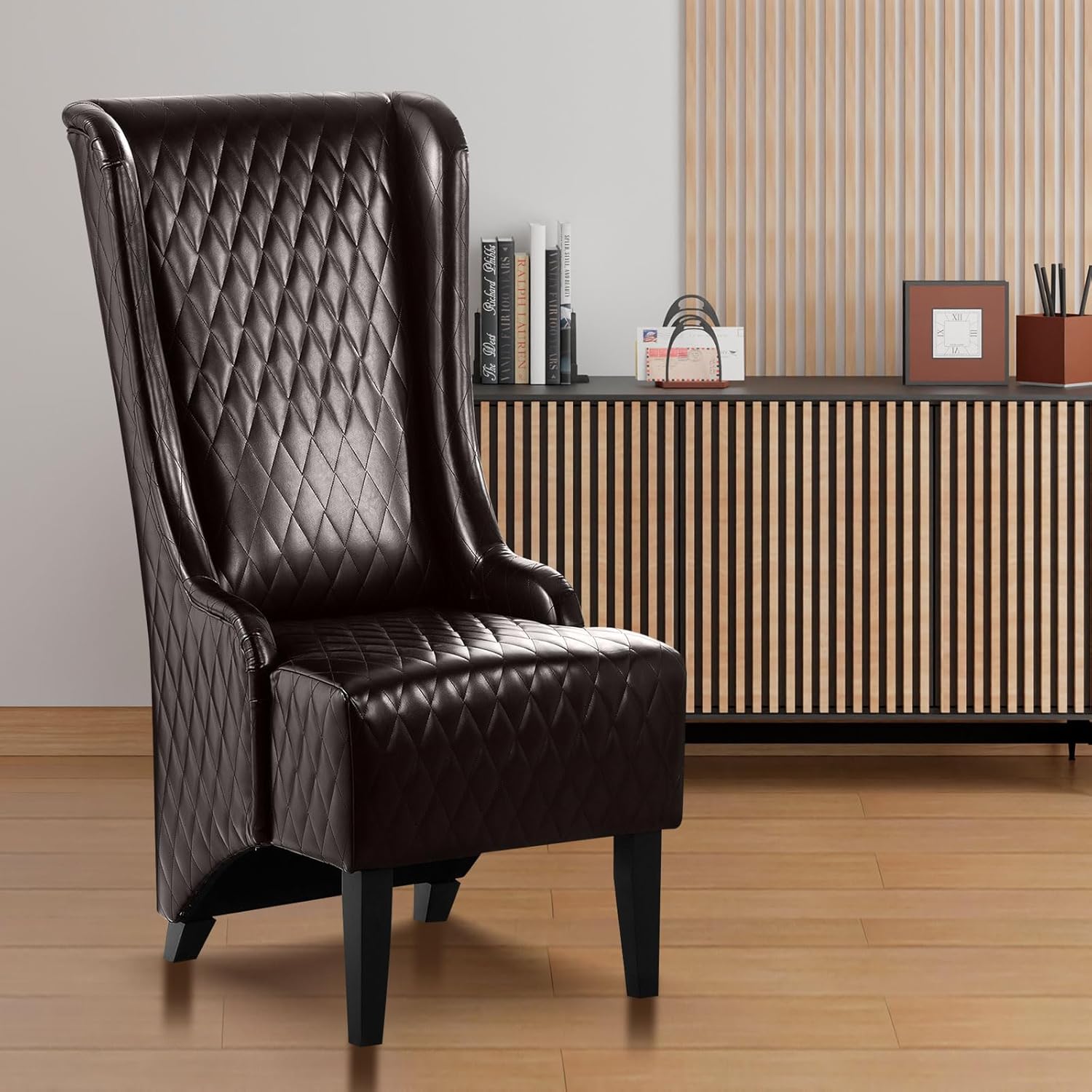 High Back Faux Leather Arm Chair, Modern Accent Chair 23.03" Wide Wing Back Chair,Side Chair,Contemporary Leisure Side Chair with Wooden Legs (Dark Brown+ PU)