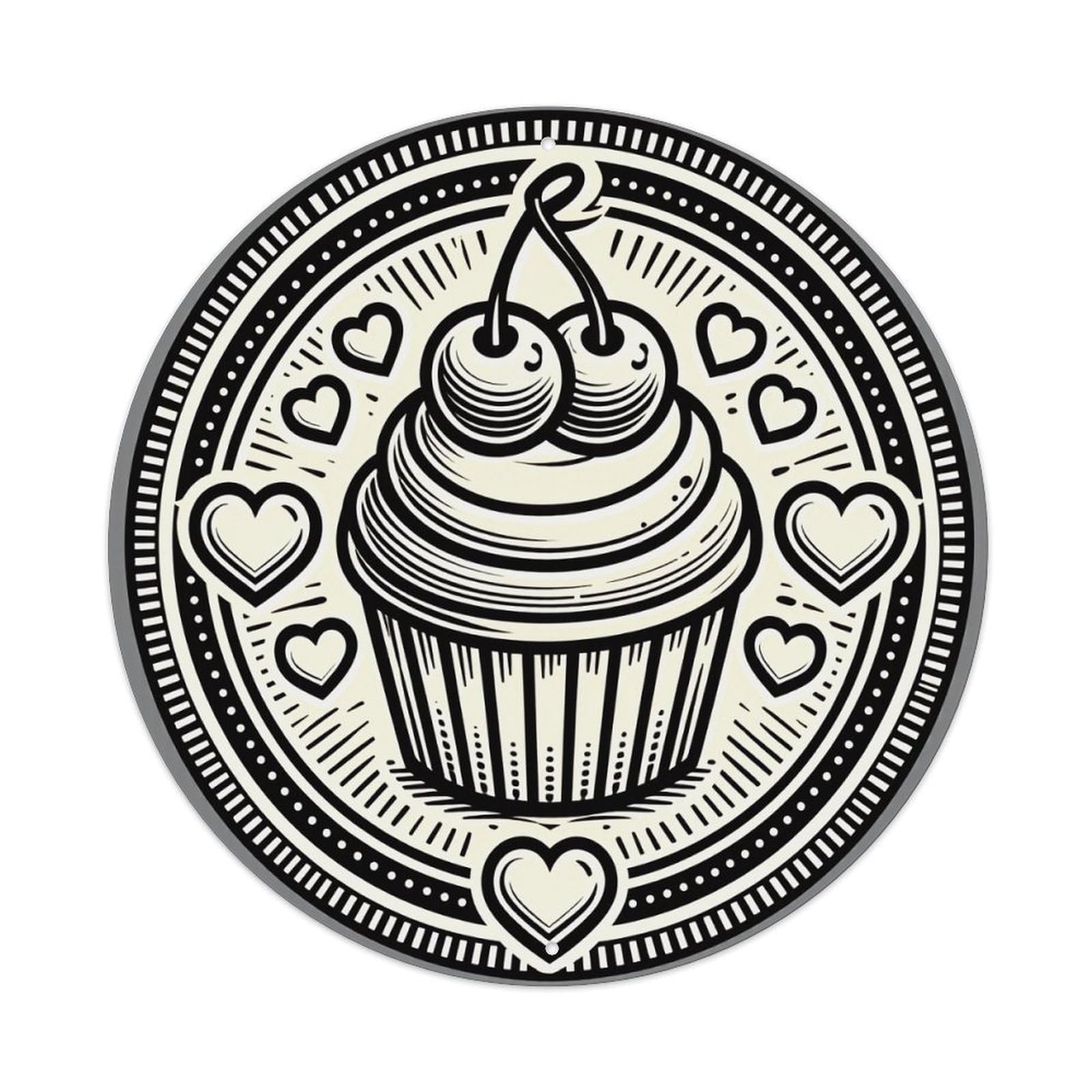 Cupcake With Cherries And Hearts Round Tin Sign Vintage Metal Poster, Home Bar Garage Man Cave Cafe Indoor & Outdoor Wall Decoration 8x8Inches