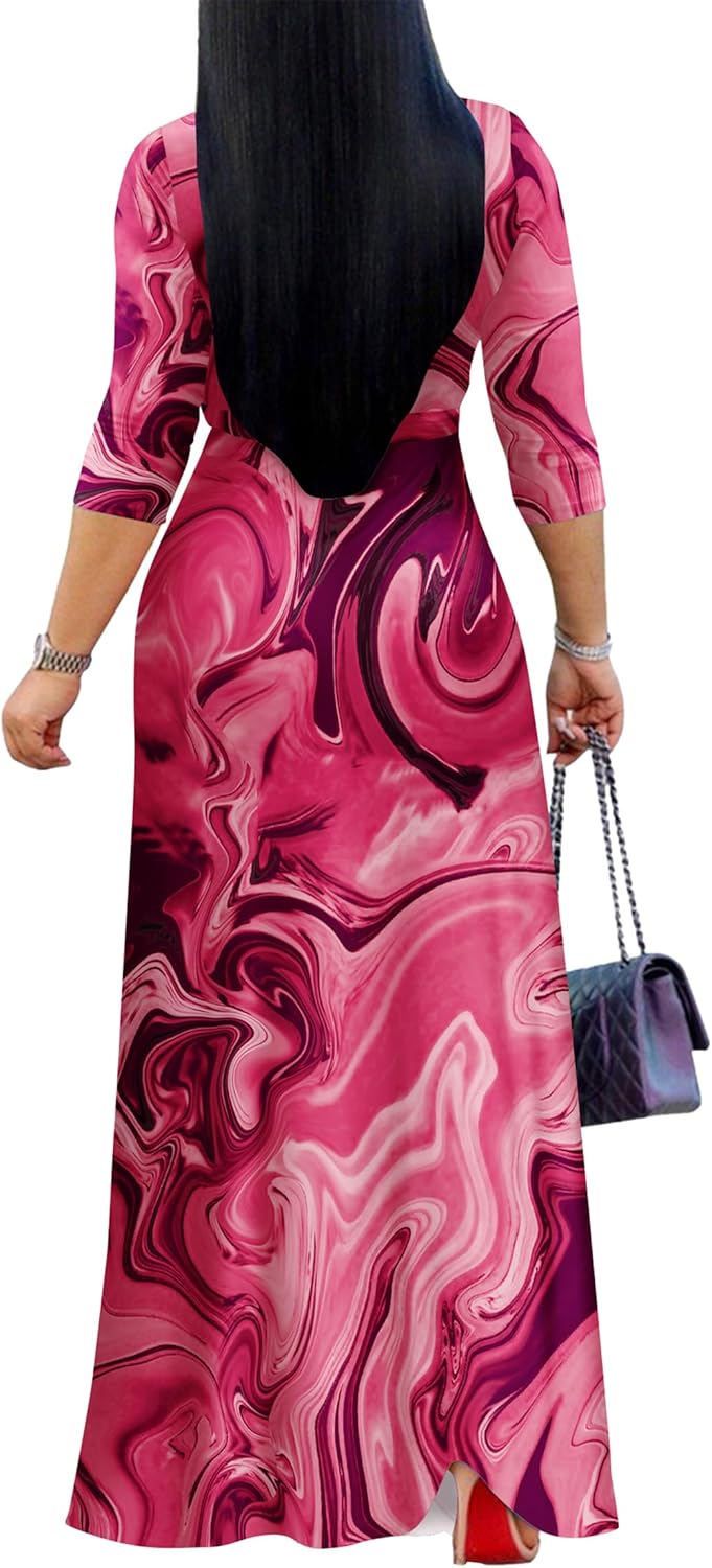 FANDEE Women's Maxi Dress V-Neck 3/4 Sleeve Casual Empire Waist Tie Belt Dress for Curvy Women - Image 6