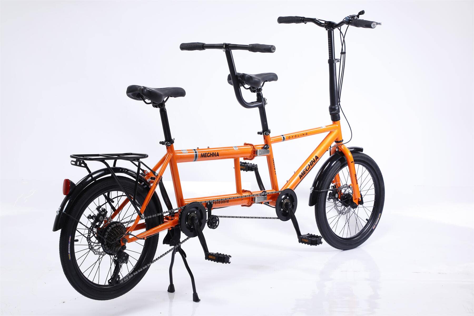 Bici Tandem Pieghevole Classico - Città in Tandem Pieghevole, Bici da Spiaggia per Adulti, 7 Velocità Regolabili, 3 Posti, Arancione