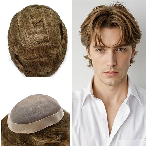 Miniatura 7 de Peluca monofilamento tipo tupé fina para hombre, revestimiento de poliéster alrededor del sistema de reemplazo de cabello humano, peluca de