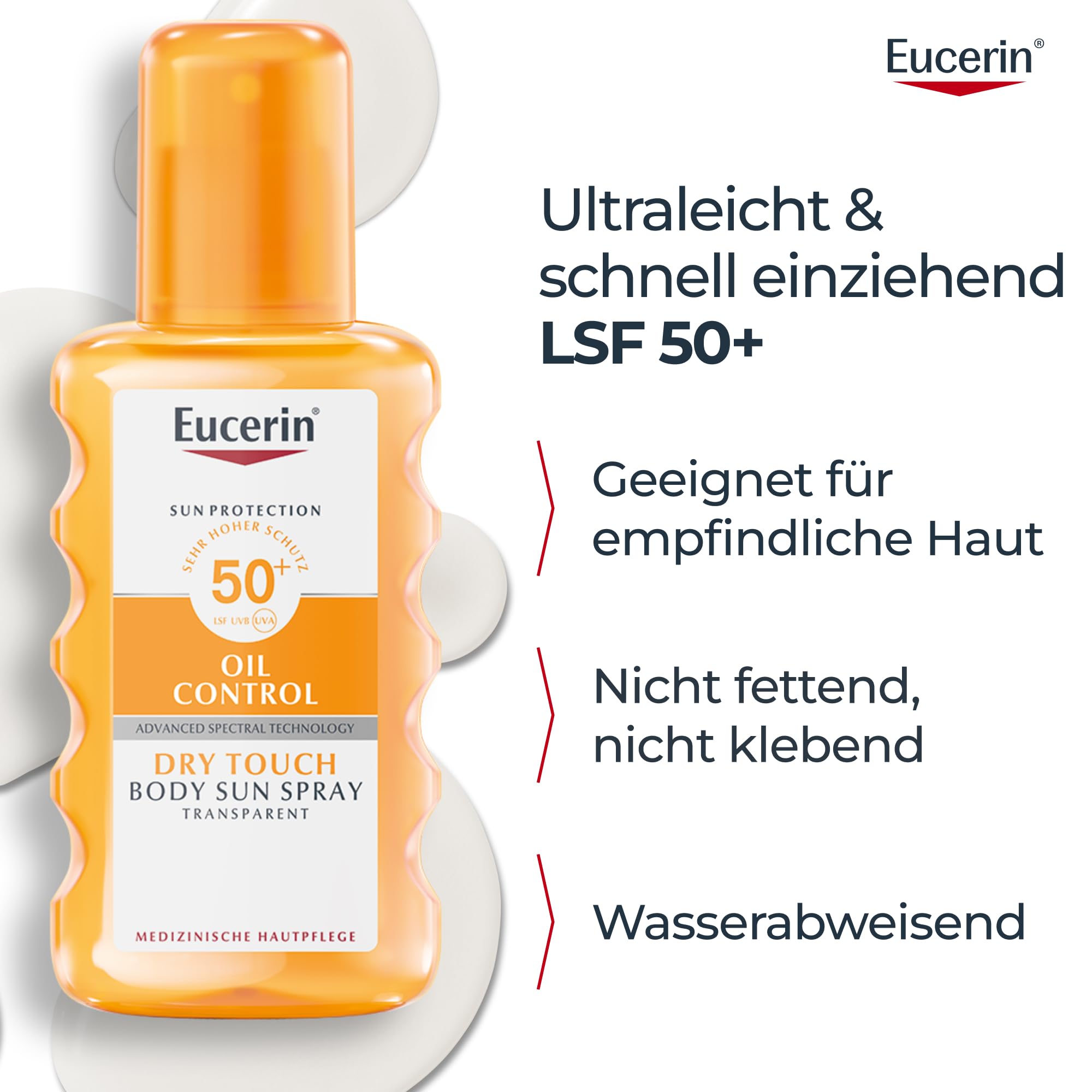Eucerin Oil Control Body Sun Spray Transparent LSF 50+ 200 ml, transparentes Sonnenspray mit UVA/UVB-Filtern, wasserfester und schweißresistenter Sonnenschutz für Sportler*innen