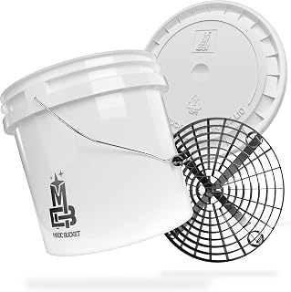 MAGIC BUCKET Paquete de lavado a mano para coche, cubo de lavado con tapa de cubo a juego, 3,5 galones estadounidenses, aprox. 13 litros, con bandeja para cubo, colador de suciedad, color blanco y
