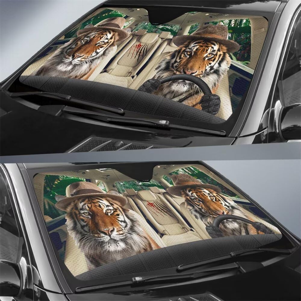 Forest Car Windshield Sunshade,Funny Tiger Driving Portable Automotive Windshield Sun Shade,Animal Truck Front Window Sun Visor, UV Protector Cover Keeps Car Cooler