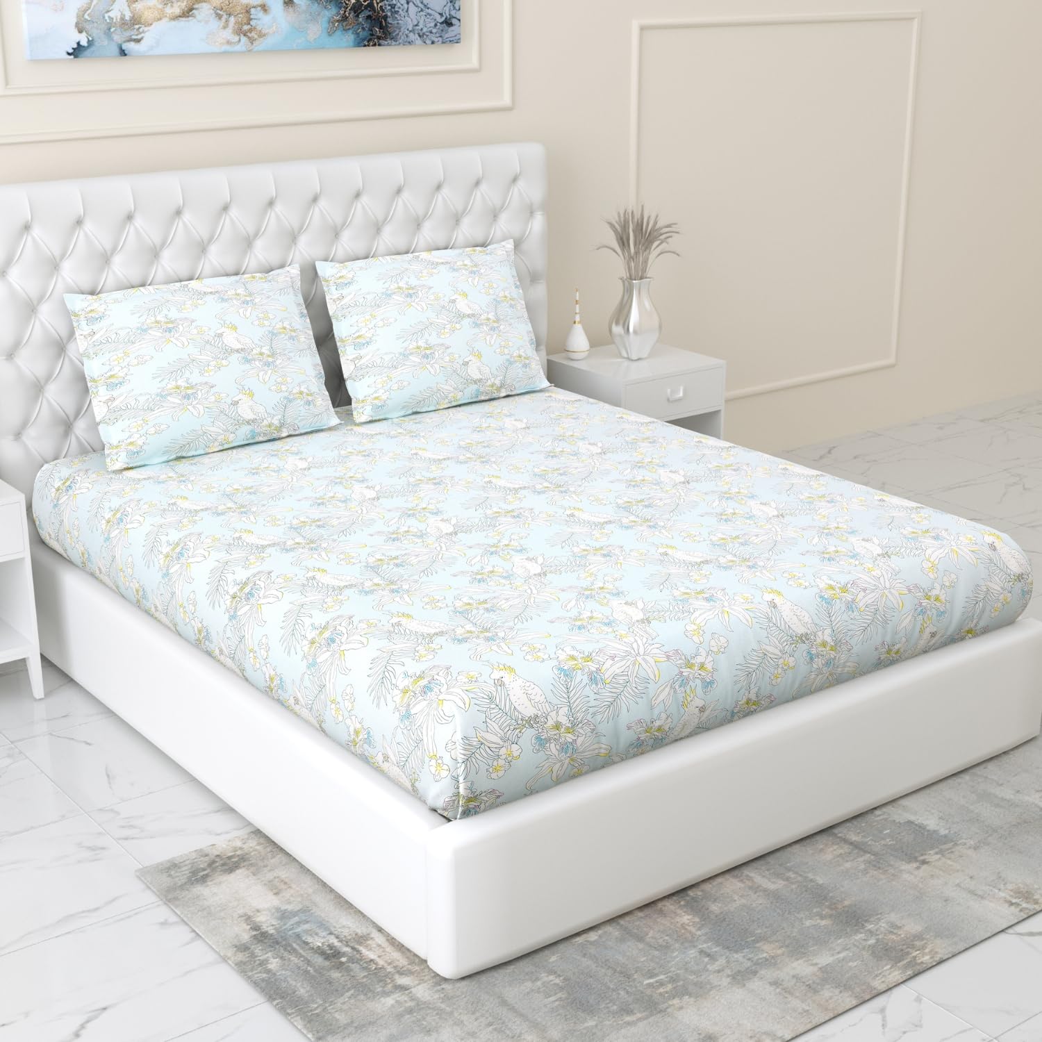 Haus & Kinder Fitted Cotton Bedsheets King Size, 100% Cotton, 144 TC, Elastic Bedsheet Fitted for Double Bed, Tropical Bird-image-47