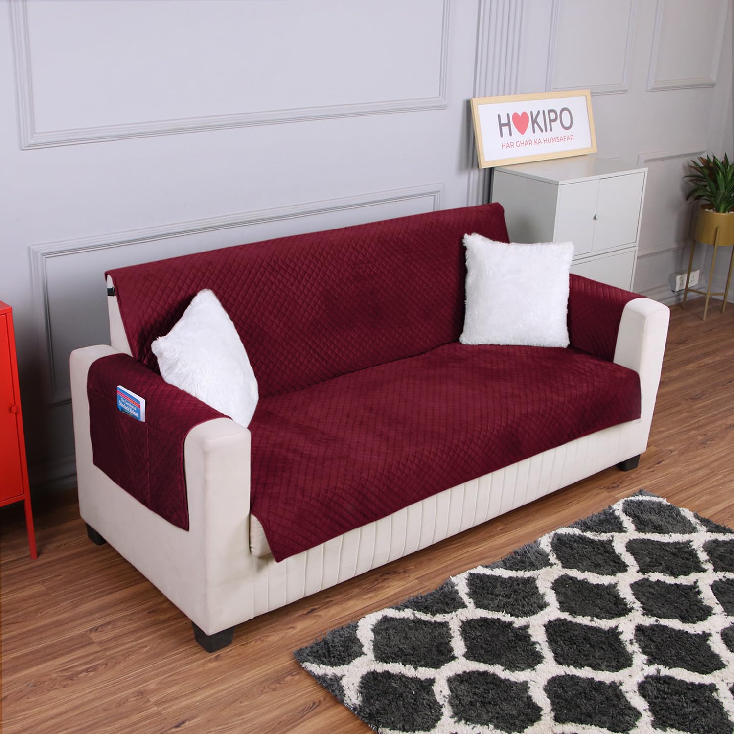 HOKIPO Quilted Velvet Sofa Cover with Pockets for 4 Seater, Sangria Red (IN-771)-image-21