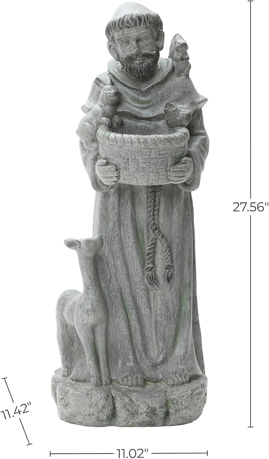 LuxenHome Outdoor St. Francis Statues, 27.6" Saint Francis of Assisi MgO Garden Statue with Animal & Birdbath Bowl, Religious Statues for Patio Yard Home Decor, Outdoor Garden Sculptures