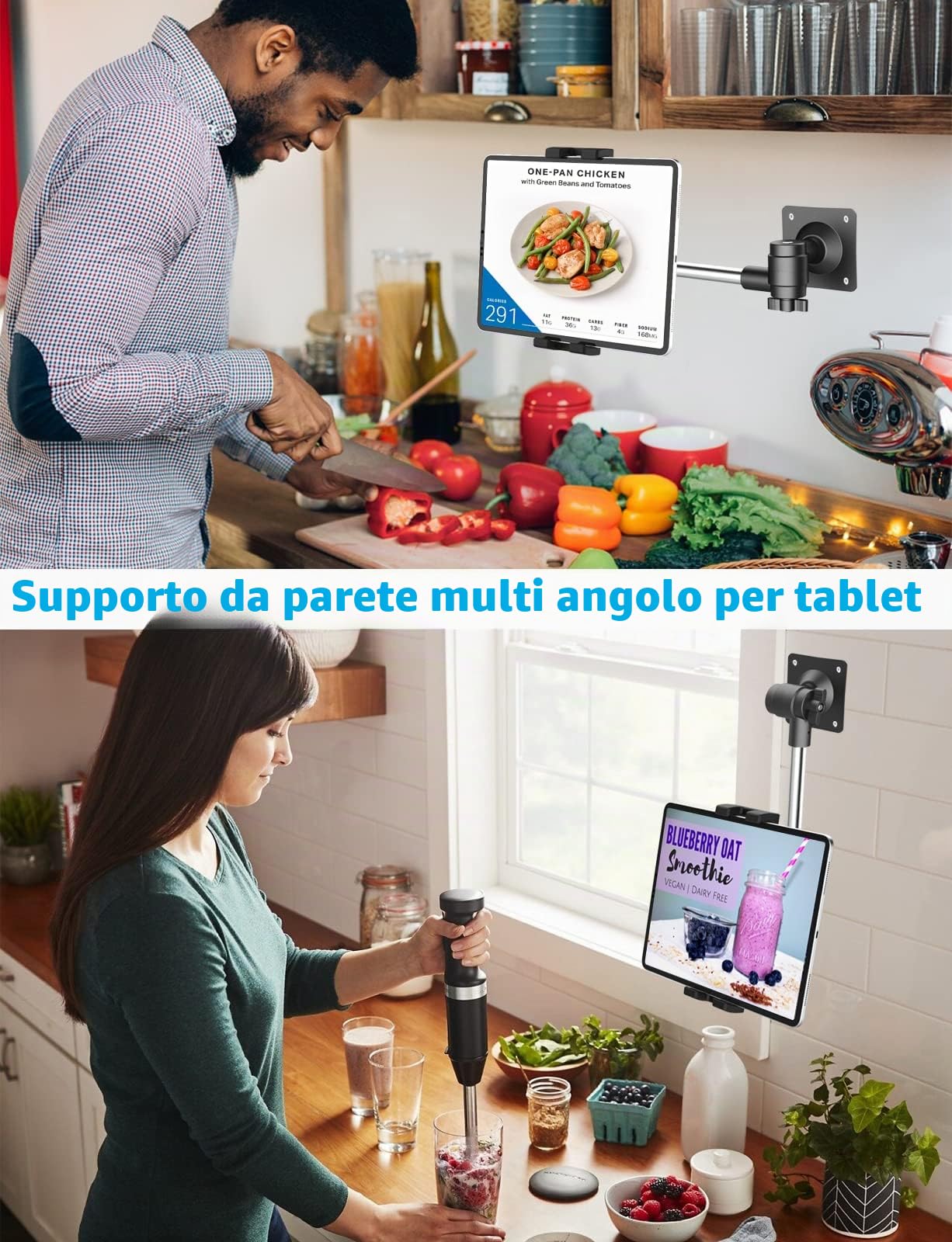 Oilcan Supporto Tablet Parete con Braccio in Metallo Regolabile, Porta Muro iPad con Base Trapano per Cucina/Bagno/Palestra/Bancone, per iPad Mini Air Pro, Galaxy, Lenovo, iPhone 4-12,9"