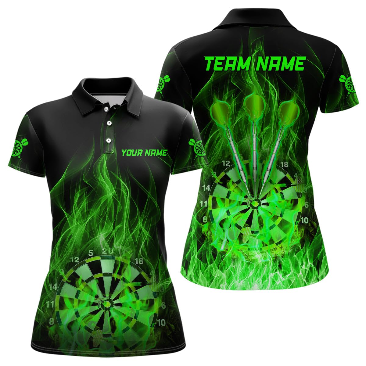 Grünes Feuerflammen-Dartboard Herren & Damen Darts-Polos & Quarter-Zip-Shirts – Individuelle Dart-Shirts für Männer & Frauen – Dart-Trikots L1326