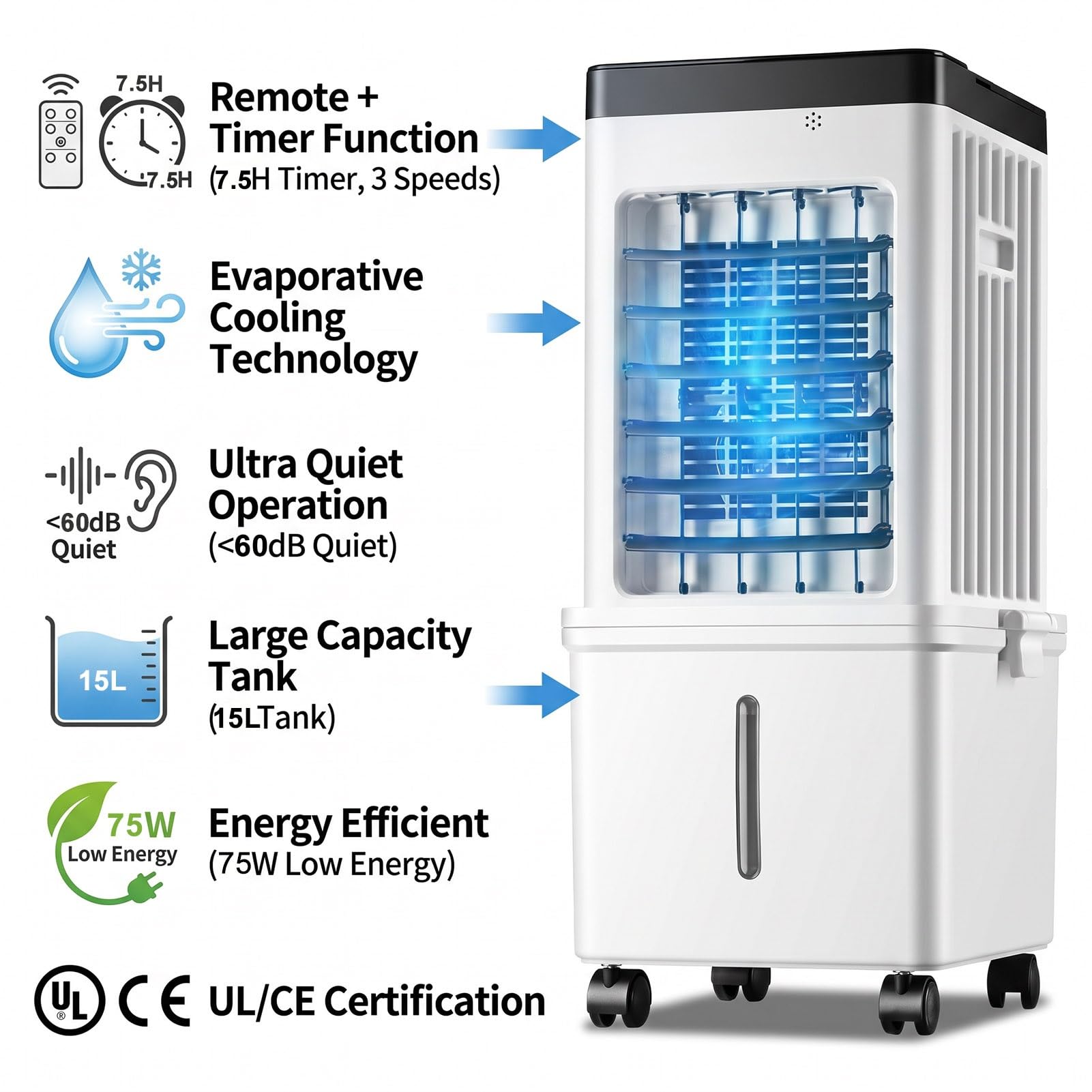 Aire Acondicionado Portatil sin Tubo Exterior, Tanque de Agua de 15L 4 Cristales de Hielo 3 Potentes Velocidades de Ventilador Air Conditioner Cooler Fan
