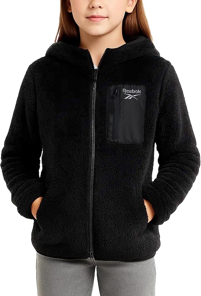 Reebok Chaqueta Polar para Niñas - Chaqueta de Invierno con Capucha de Piel Sintética Sherpa de Felpa Suave para Niñas, Abrigo de Peluche Acogedor y Liviano Cálido