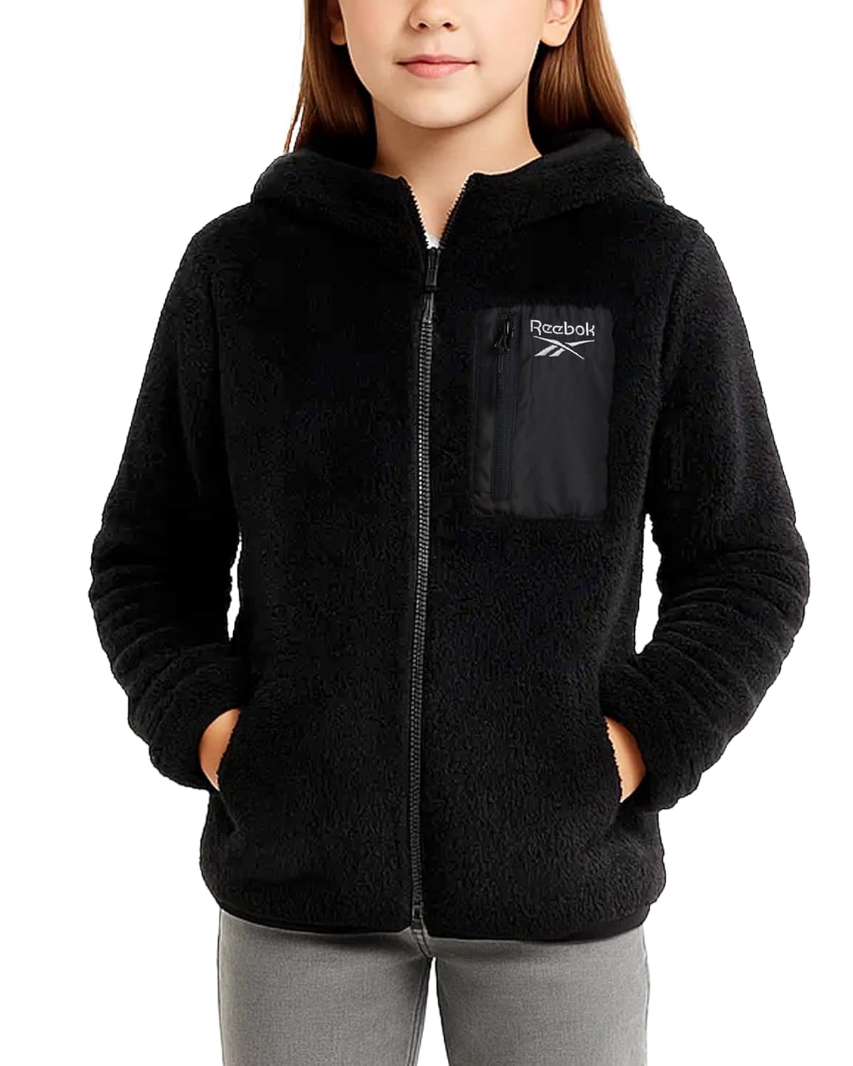 Reebok Girls Fleece Jacket - Full Zip Soft Sherpa Faux Fur Coat Hooded Winter Jacket - Warm Teddy