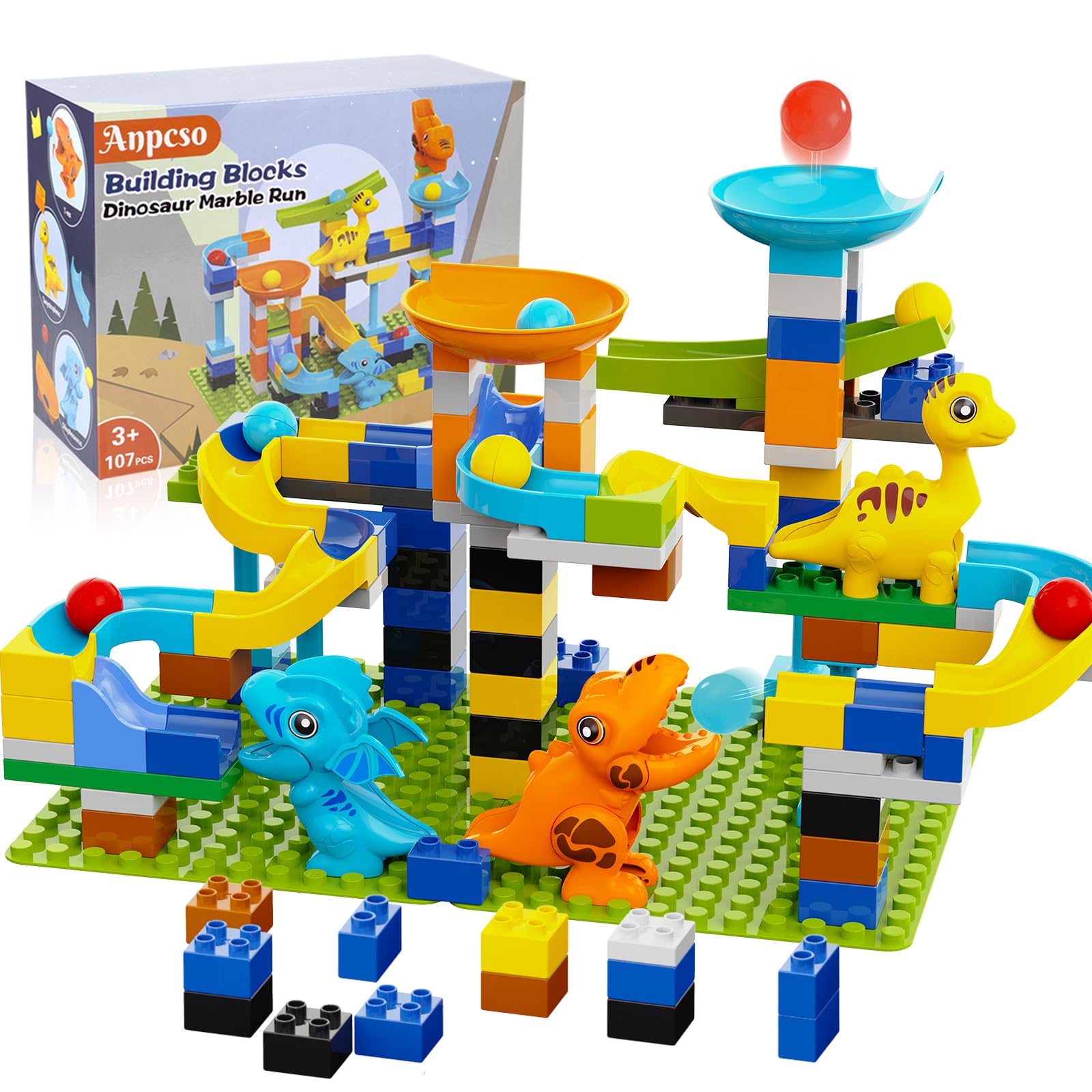 Marble Run Building Blocks Dinosaurs Marble Track Toy Classic Large Bricks for 3 4 5 6 7 Year